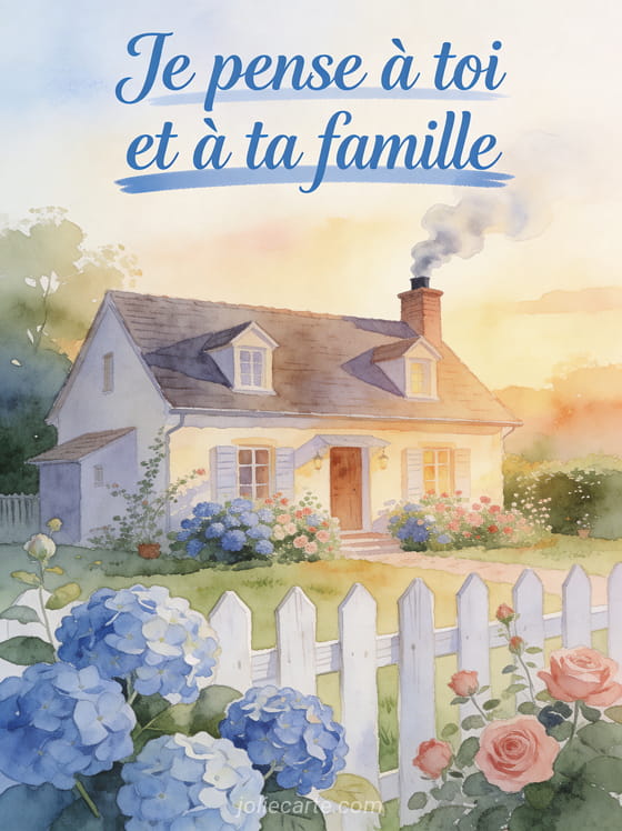 Maison de campagne avec jardin fleuri d'hortensias et fumée de cheminée et le texte Je pense à toi et à ta famille