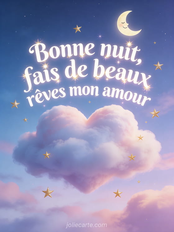 Nuage en forme de cœur dans un ciel nocturne pastel avec étoiles dorées et croissant de lune et le texte Fais de beaux rêves