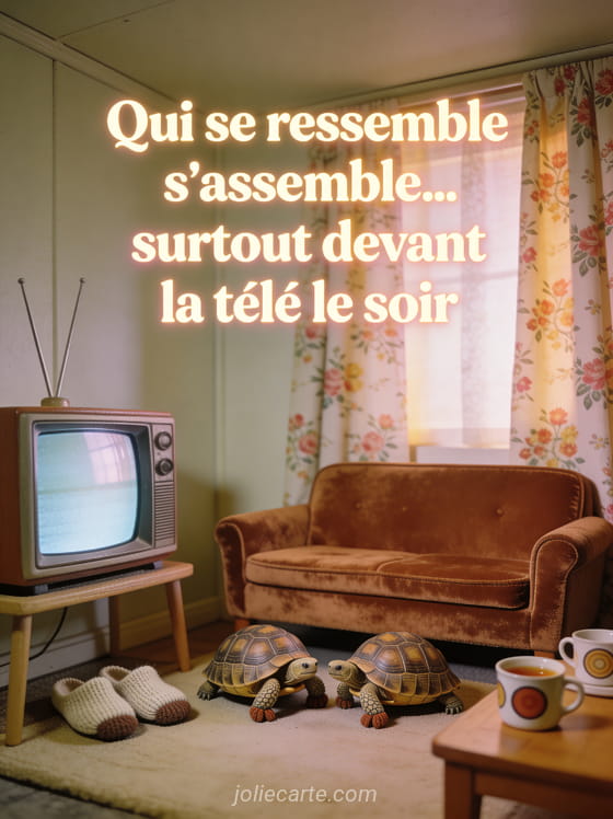 Deux tortues en pantoufles dans un salon rétro devant une télé vintage avec le texte Qui se ressemble s'assemble surtout devant la télé le soir