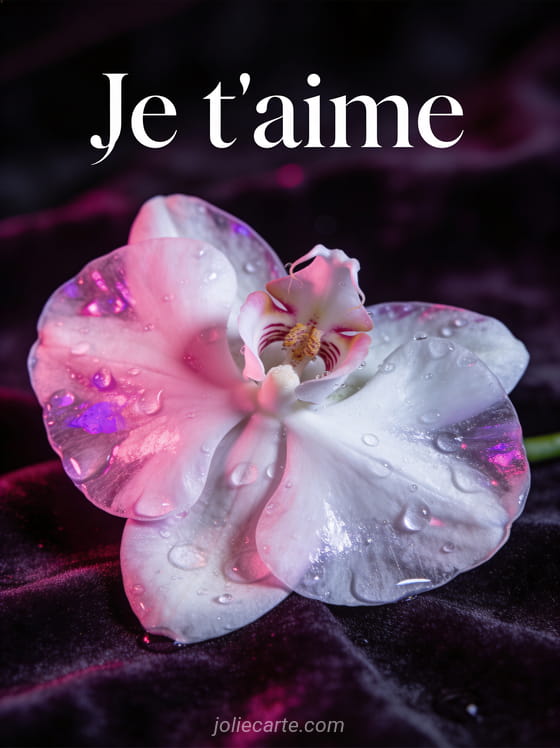 Orchidée blanche et rose en gros plan avec gouttes de rosée sur fond sombre velouté et le texte Je t'aime