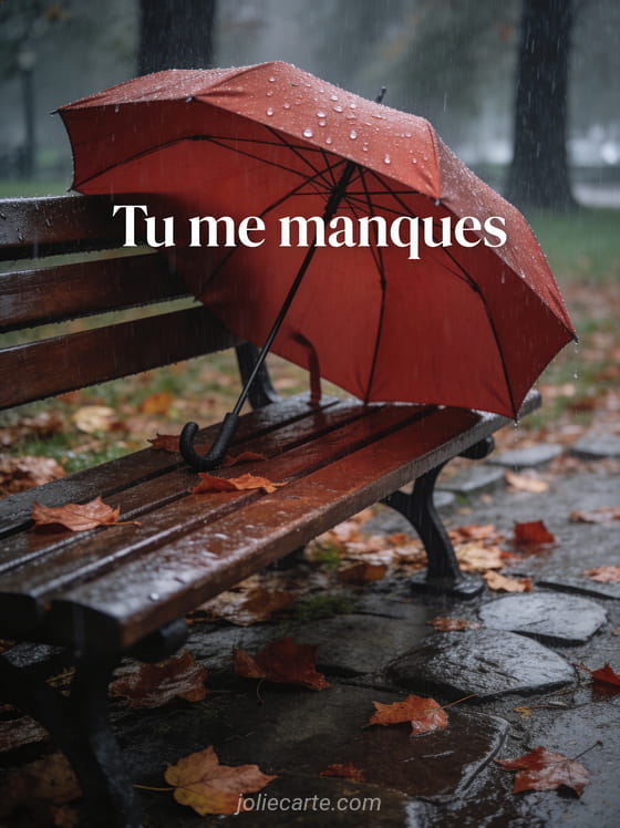 Parapluie rouge ouvert sur un banc sous la pluie avec des feuilles d'automne et le texte Tu me manques
