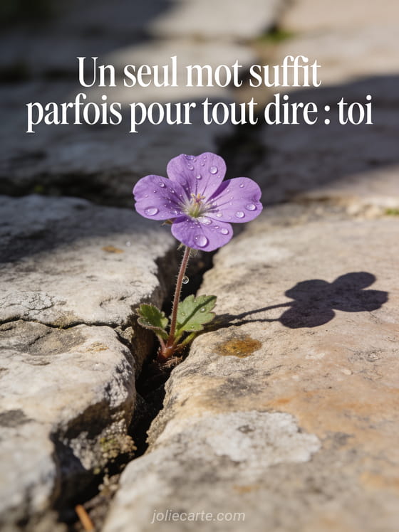 Petite fleur sauvage violette poussant dans une fissure de pierre avec gouttes de rosée et le texte Un seul mot toi