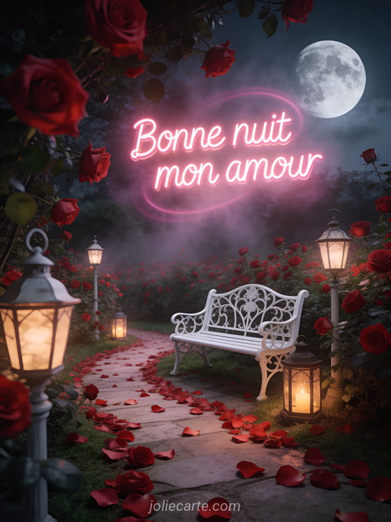 Jardin de roses rouges sous la lune avec lanternes et allée de pétales et le texte Bonne nuit mon amour