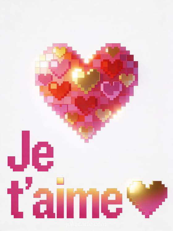 Mosaïque de petits cœurs multicolores formant un grand cœur sur fond blanc avec le texte Je t'aime et emoji cœur