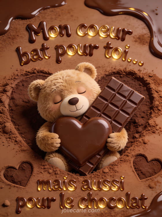 Ours en peluche serrant une tablette de chocolat géante en forme de cœur avec le texte Mon cœur bat pour toi mais aussi pour le chocolat