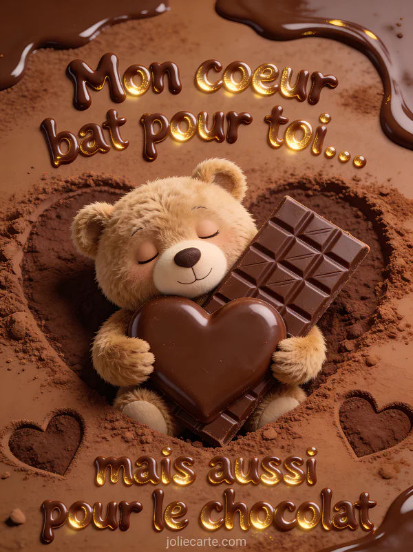 Ours en peluche serrant une tablette de chocolat géante en forme de cœur avec le texte Mon cœur bat pour toi mais aussi pour le chocolat