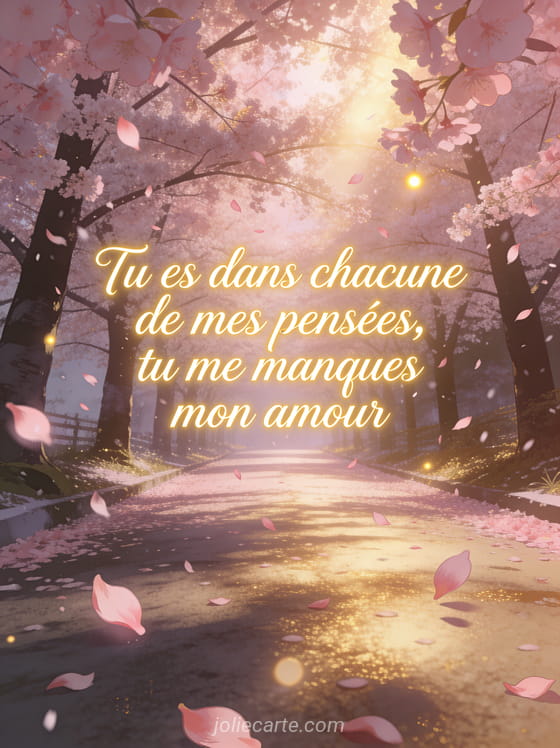 Allée de cerisiers en fleurs avec des pétales roses qui tombent et le texte Tu me manques en lettres dorées