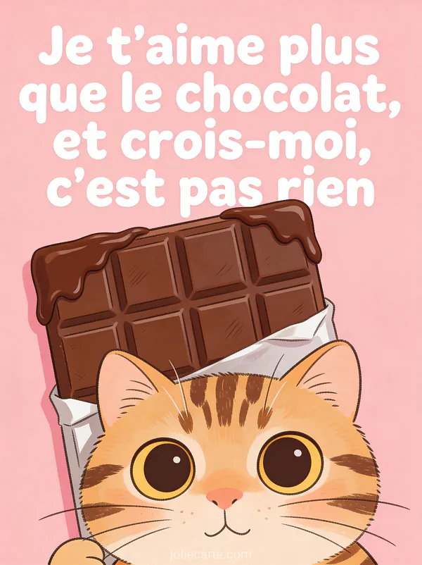 Chat tigré aux yeux ronds devant une tablette de chocolat enrubannée avec le texte Je t'aime plus que le chocolat