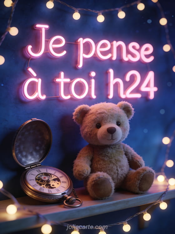 Ours en peluche vintage avec montre à gousset et guirlande lumineuse en style néon et le texte Je pense à toi h24
