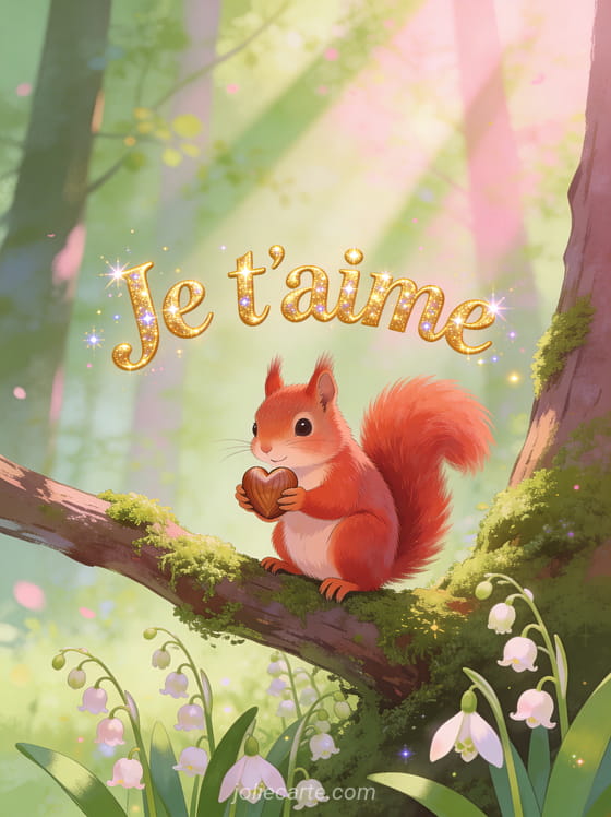 Écureuil roux tenant une noisette en forme de cœur sur une branche moussue en forêt printanière avec le texte Je t'aime