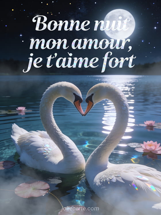Deux cygnes formant un cœur sur un lac sous un ciel étoilé avec nénuphars et le texte Bonne nuit je t'aime fort