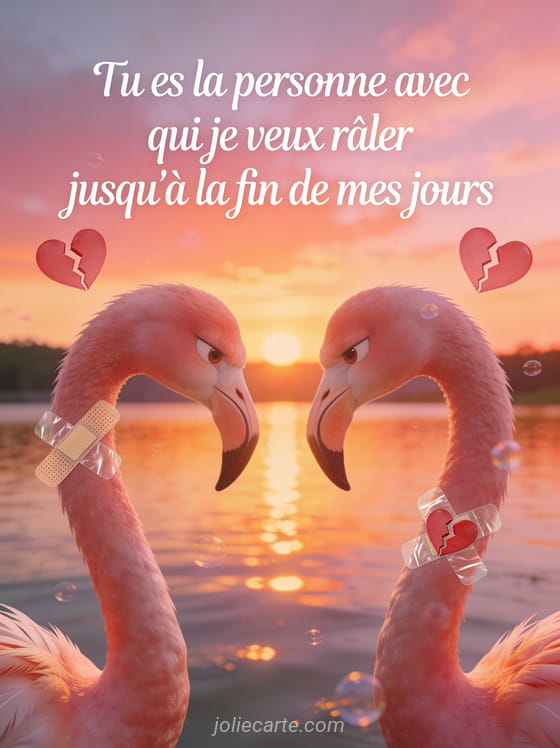 Deux flamants roses face à face avec expression boudeuse mais tendre au coucher de soleil avec le texte Tu es la personne avec qui je veux râler