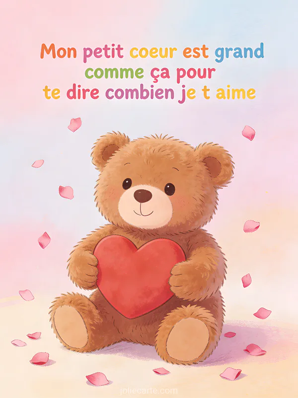 Ourson en peluche tenant un gros cœur rouge avec confettis roses et le texte Mon petit cœur est grand