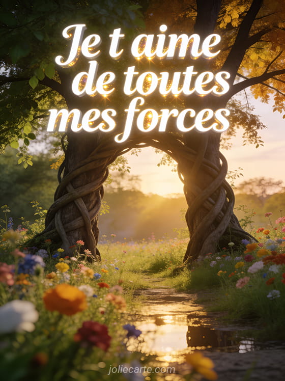 Deux grands arbres aux troncs entrelacés formant une arche avec le texte Je t'aime de toutes mes forces dans une prairie fleurie au coucher du soleil