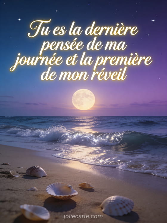 Lune se couchant sur l'océan avec vagues argentées et coquillages et le texte message d'amour bonne nuit
