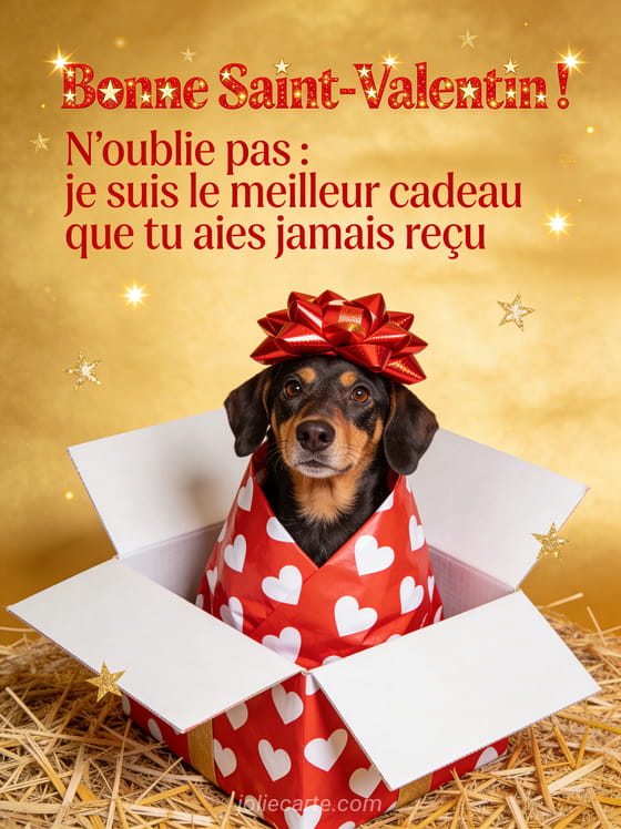 Chien teckel enveloppé dans du papier cadeau rouge à cœurs sortant d'une boîte avec le texte Je suis le meilleur cadeau que tu aies jamais reçu