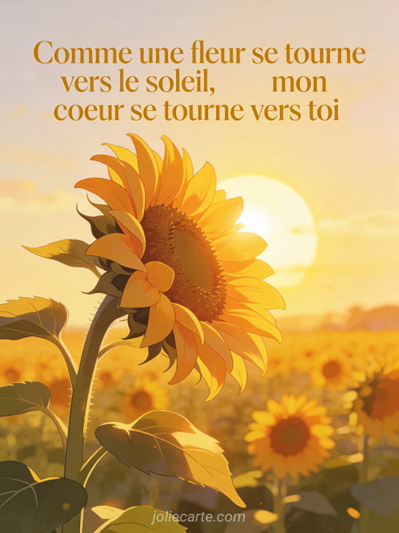 Tournesol majestueux tourné vers le soleil couchant avec champ de tournesols et le texte Mon cœur se tourne vers toi