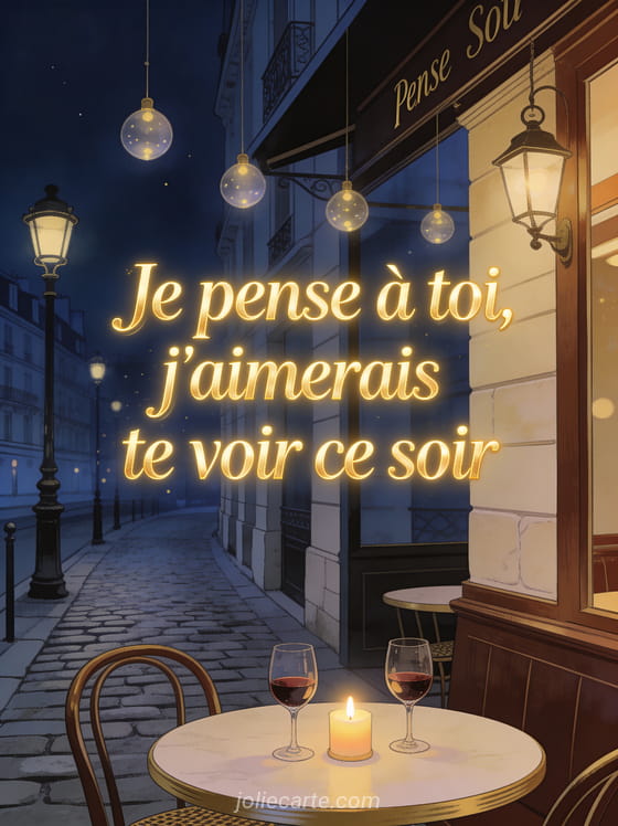 Terrasse de café le soir avec lumières suspendues table pour deux avec vin et bougie et le texte Je pense à toi j'aimerais te voir ce soir