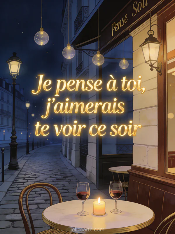 Terrasse de café le soir avec lumières suspendues table pour deux avec vin et bougie et le texte Je pense à toi j'aimerais te voir ce soir