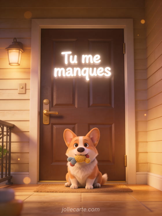 Chien corgi assis devant une porte avec un jouet dans la gueule attendant quelqu'un avec le texte Tu me manques