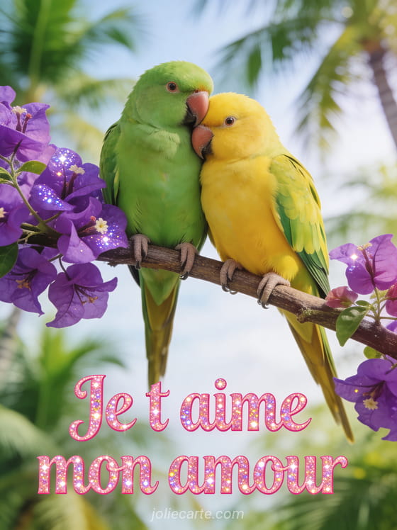 Deux perroquets inséparables verts et jaunes blottis sur une branche de bougainvillier avec le texte Je t'aime mon amour