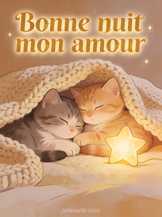 Deux chatons blottis l'un contre l'autre sous un plaid en laine avec une veilleuse étoile et le texte Bonne nuit mon amour