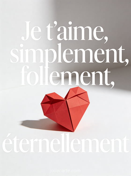 Cœur en origami rouge sur fond blanc minimaliste avec le texte Je t'aime simplement follement éternellement