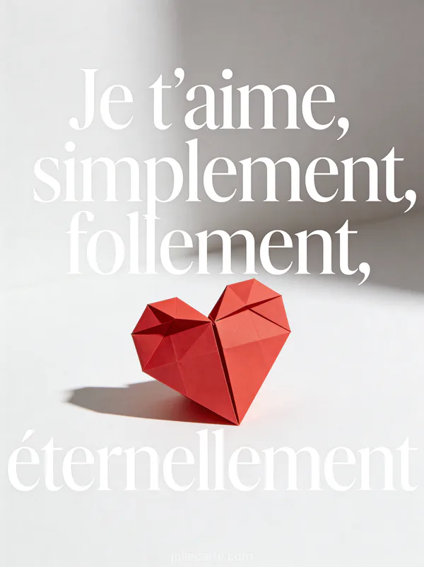 Cœur en origami rouge sur fond blanc minimaliste avec le texte Je t'aime simplement follement éternellement