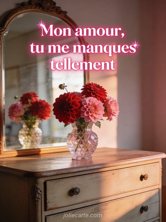Dahlias rouges et roses dans un vase en cristal sur une commode ancienne avec le texte Mon amour tu me manques