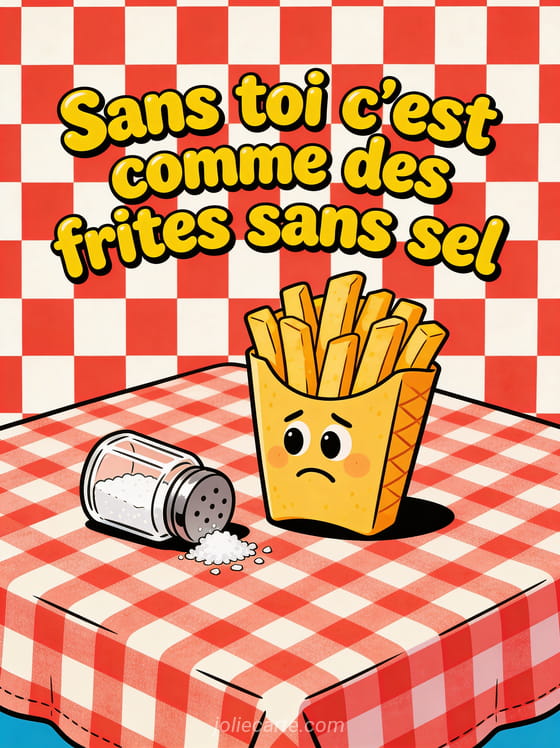 Illustration amusante d'un cornet de frites triste à côté d'une salière renversée avec le texte Sans toi c'est comme des frites sans sel
