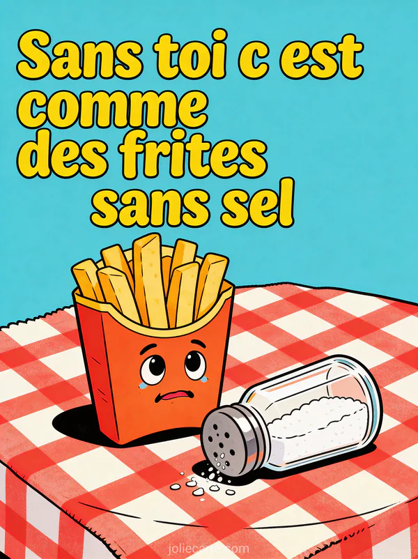 Illustration amusante d'un cornet de frites triste à côté d'une salière renversée avec le texte Sans toi c'est comme des frites sans sel