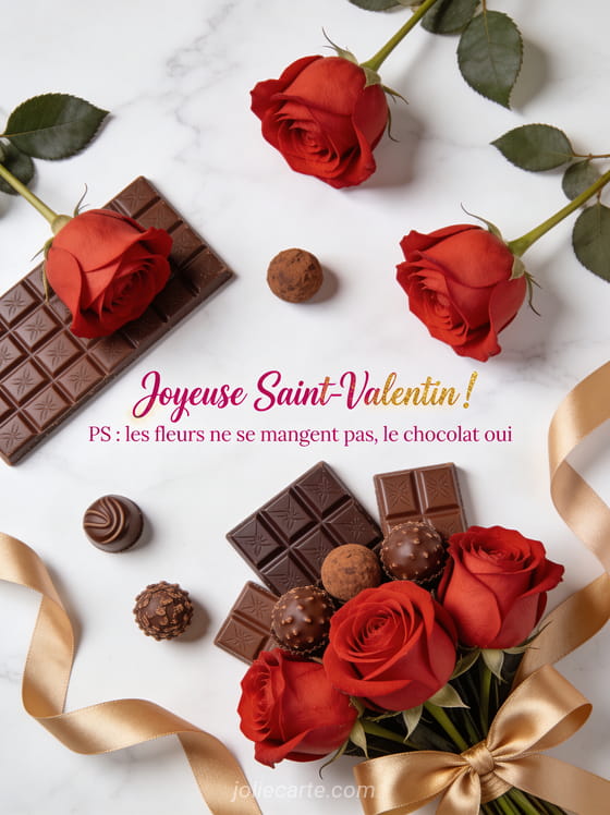 Bouquet de roses rouges mélangées à des barres de chocolat et truffes avec ruban doré et le texte Les fleurs ne se mangent pas le chocolat oui