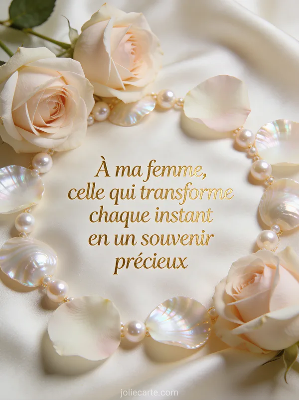 Perles nacrées et pétales de rose pâle sur soie ivoire avec le texte À ma femme