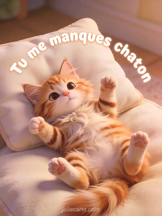 Chaton maine coon tigré couché sur le dos les pattes en l'air sur un coussin avec le texte Tu me manques chaton