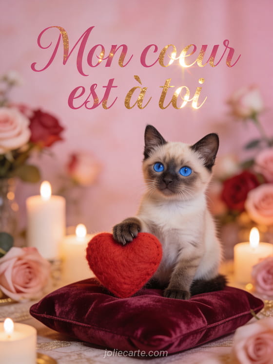 Chat siamois aux yeux bleus posant sa patte sur un cœur rouge sur un coussin bordeaux avec le texte Mon cœur est à toi