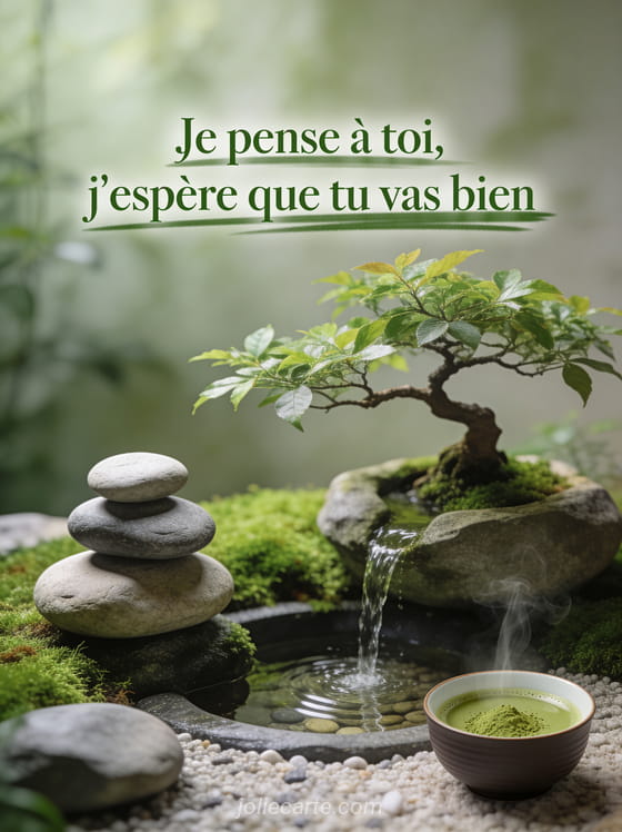 Jardin zen avec pierres empilées bonsaï mousse verte et thé matcha avec le texte Je pense à toi j'espère que tu vas bien