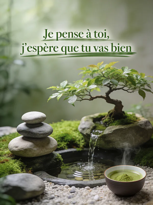 Jardin zen avec pierres empilées bonsaï mousse verte et thé matcha avec le texte Je pense à toi j'espère que tu vas bien