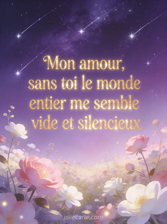 Étoiles filantes dans un ciel violet au-dessus d'une vallée fleurie avec le texte Tu me manques mon amour