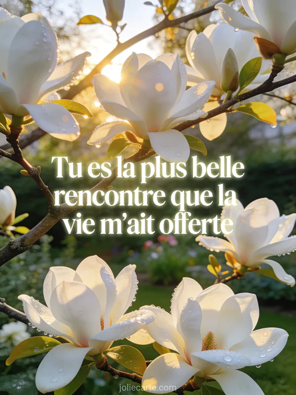 Magnolia blanc en pleine floraison avec gouttes de rosée et lumière dorée matinale et le texte La plus belle rencontre