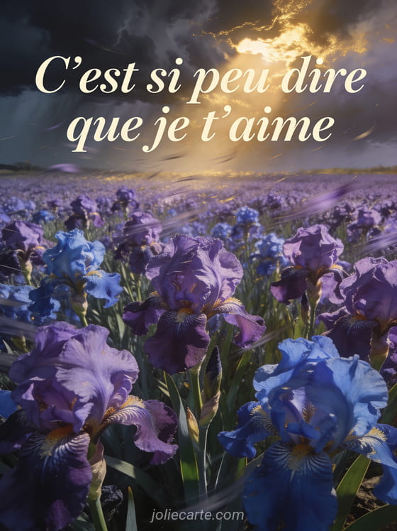 Champ d'iris violets et bleus sous un ciel d'orage avec trouée de lumière dorée et le texte C'est si peu dire que je t'aime