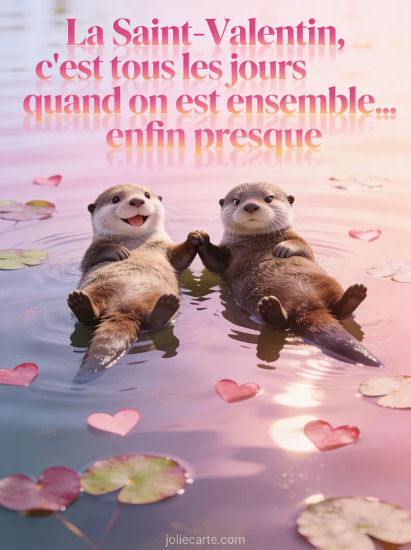 Deux loutres flottant sur l'eau se tenant par la patte avec des nénuphars en forme de cœurs et le texte La Saint-Valentin c'est tous les jours enfin presque