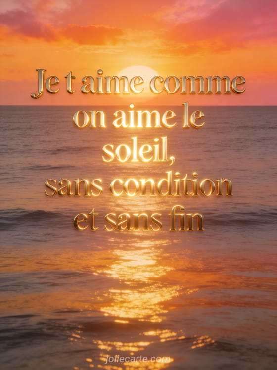 Lever de soleil majestueux sur mer calme avec ciel orange et rose et le texte Je t'aime comme on aime le soleil