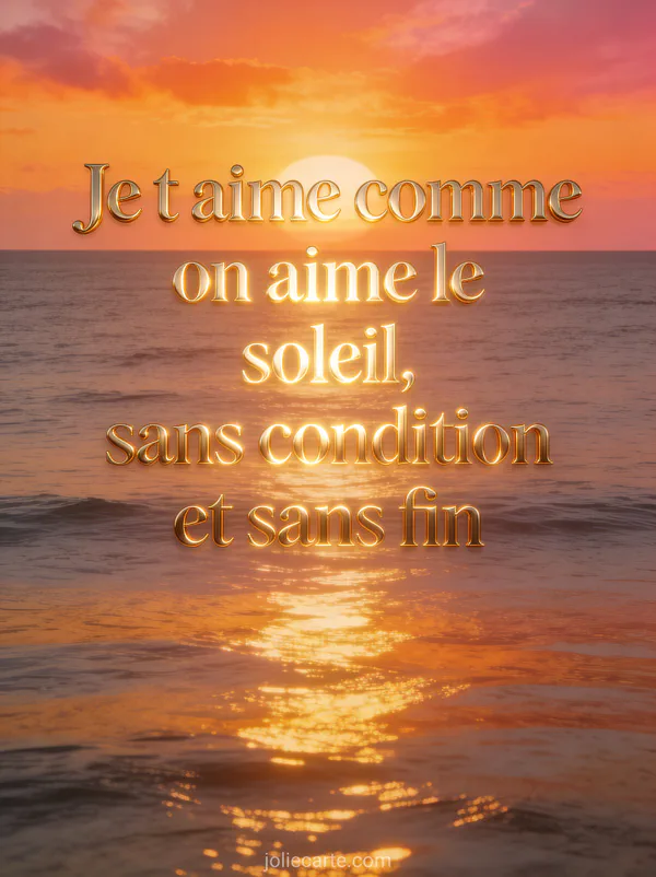 Lever de soleil majestueux sur mer calme avec ciel orange et rose et le texte Je t'aime comme on aime le soleil