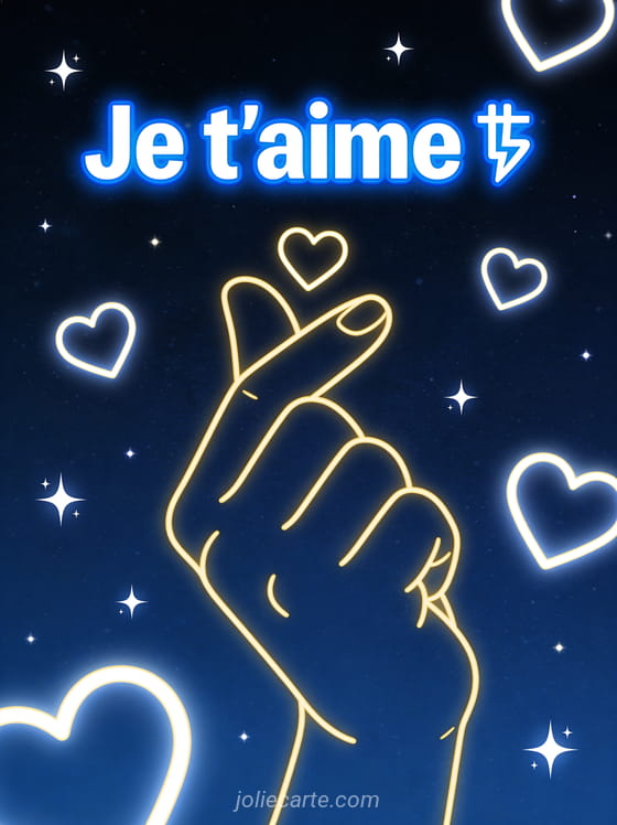 Main faisant le signe je t'aime en langue des signes en ligne dorée sur fond bleu nuit avec cœurs lumineux et le texte Je t'aime