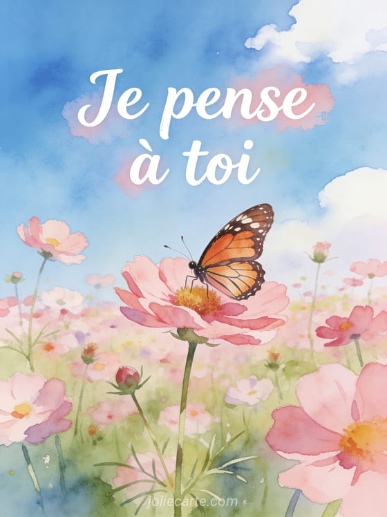 Papillon monarque posé sur un cosmos rose dans un champ de fleurs en aquarelle et le texte Je pense à toi
