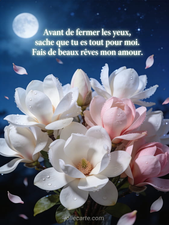 Magnolias blancs et roses dans la lumière de lune avec pétales tombant et ciel étoilé et le texte Bonne nuit beaux rêves