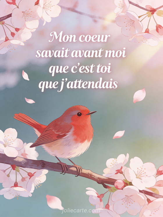 Rouge-gorge posé sur une branche de cerisier en fleurs avec pétales tombant et le texte C'est toi que j'attendais