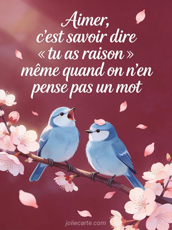 Couple de mésanges bleues sur une branche de cerisier en fleurs avec pétales volants et le texte Aimer c'est dire tu as raison même quand on n'en pense pas un mot