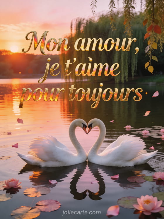 Deux cygnes blancs formant un coeur sur un lac au coucher du soleil avec le texte Mon amour je t'aime pour toujours