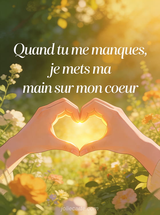 Mains formant un cœur avec une lumière dorée qui filtre dans un jardin fleuri avec le texte Tu me manques